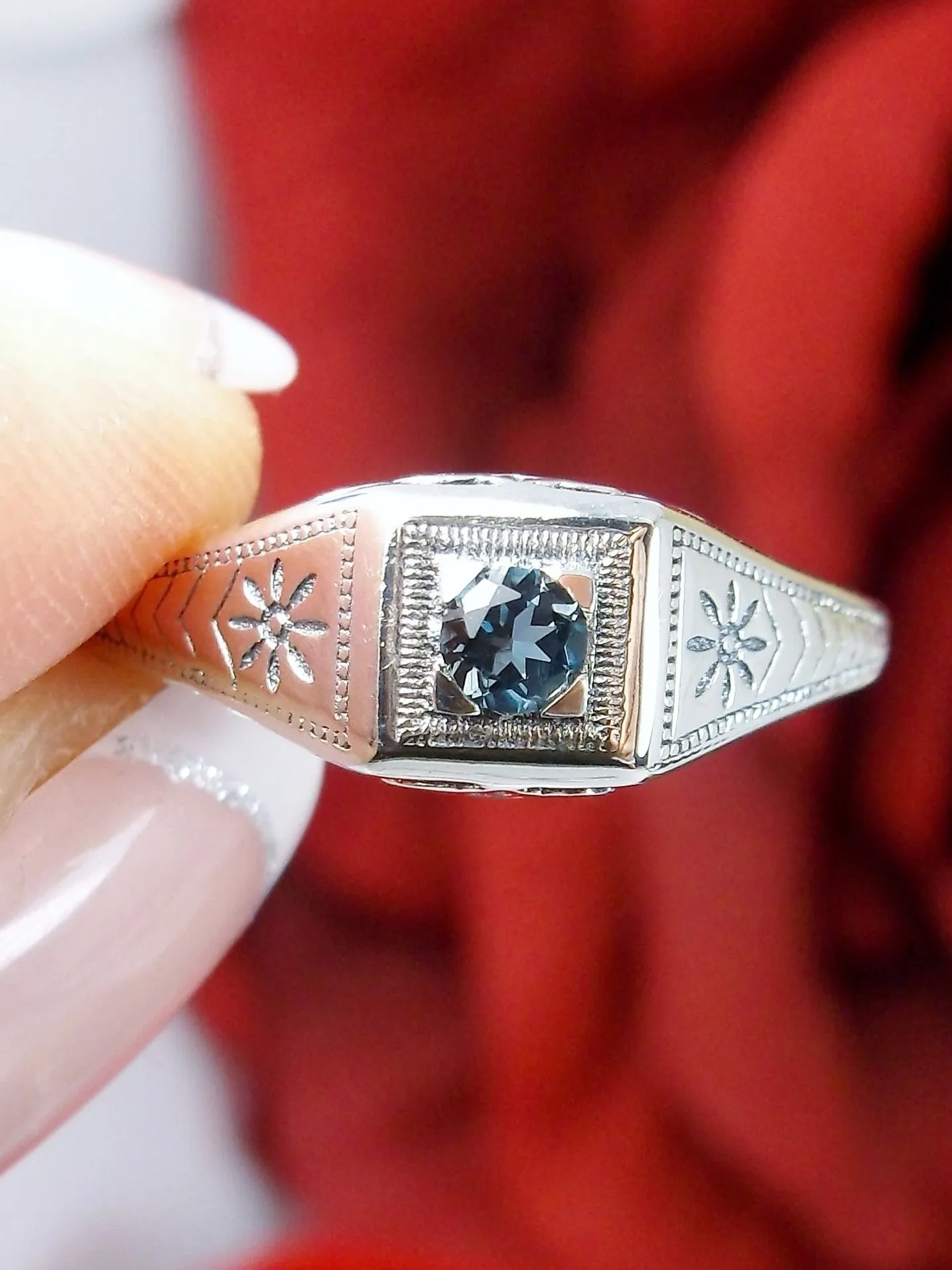 Wedding Ring, Natural London Blue Topaz, Vintage Art Deco Jewelry #D155