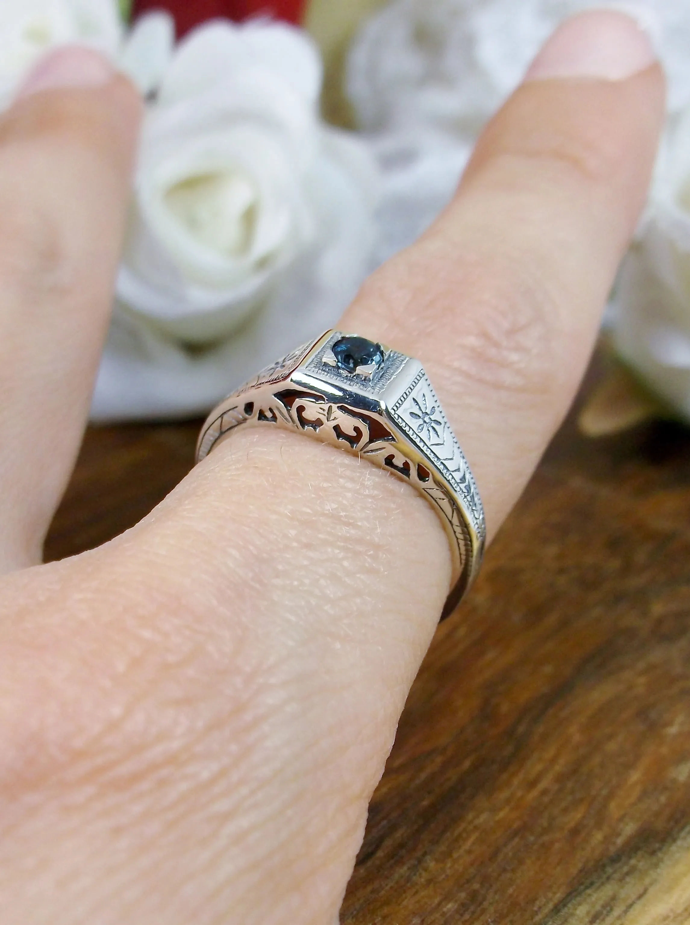 Wedding Ring, Natural London Blue Topaz, Vintage Art Deco Jewelry #D155