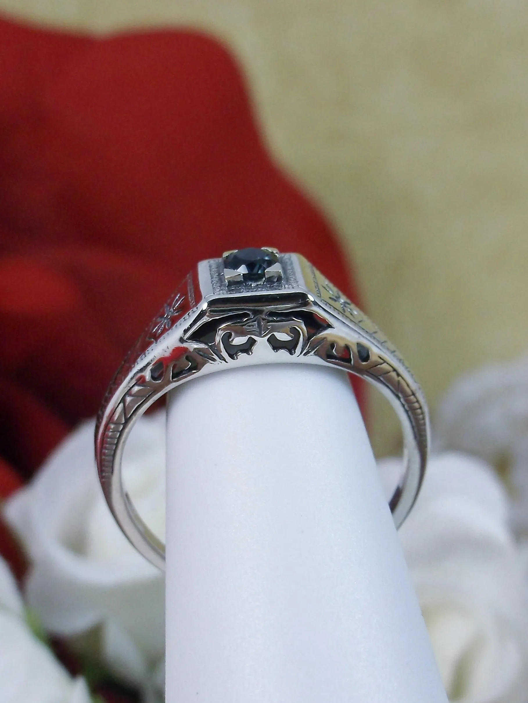 Wedding Ring, Natural London Blue Topaz, Vintage Art Deco Jewelry #D155