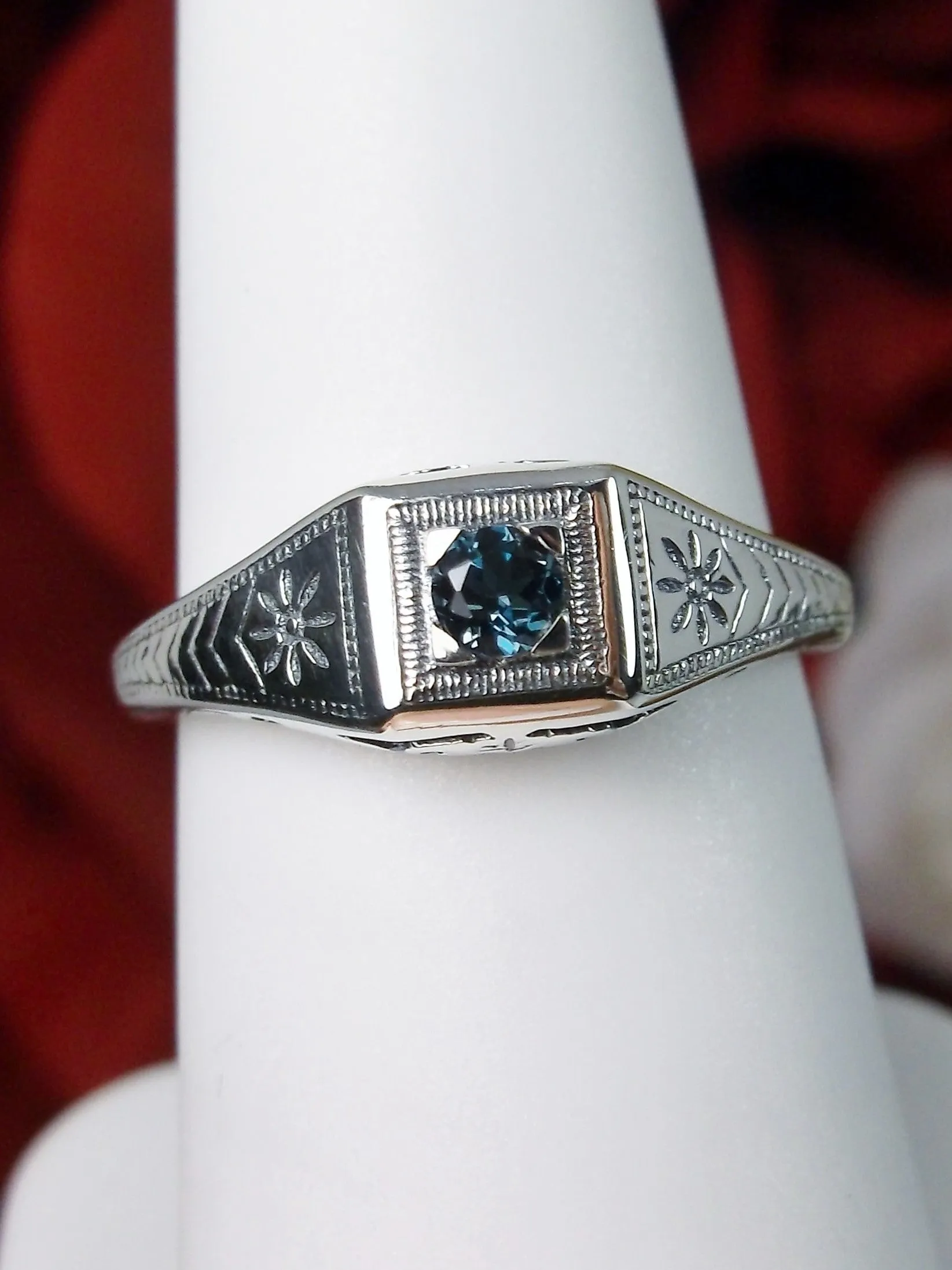 Wedding Ring, Natural London Blue Topaz, Vintage Art Deco Jewelry #D155