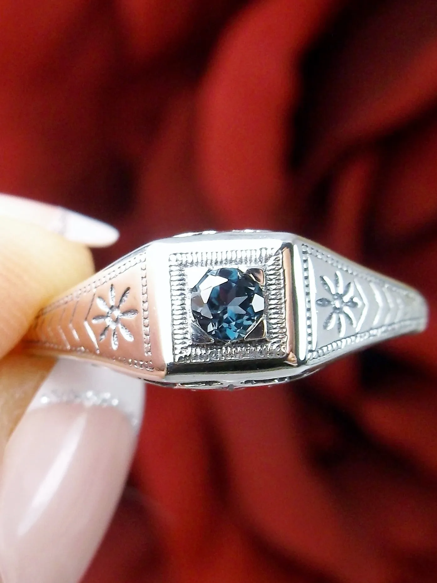 Wedding Ring, Natural London Blue Topaz, Vintage Art Deco Jewelry #D155