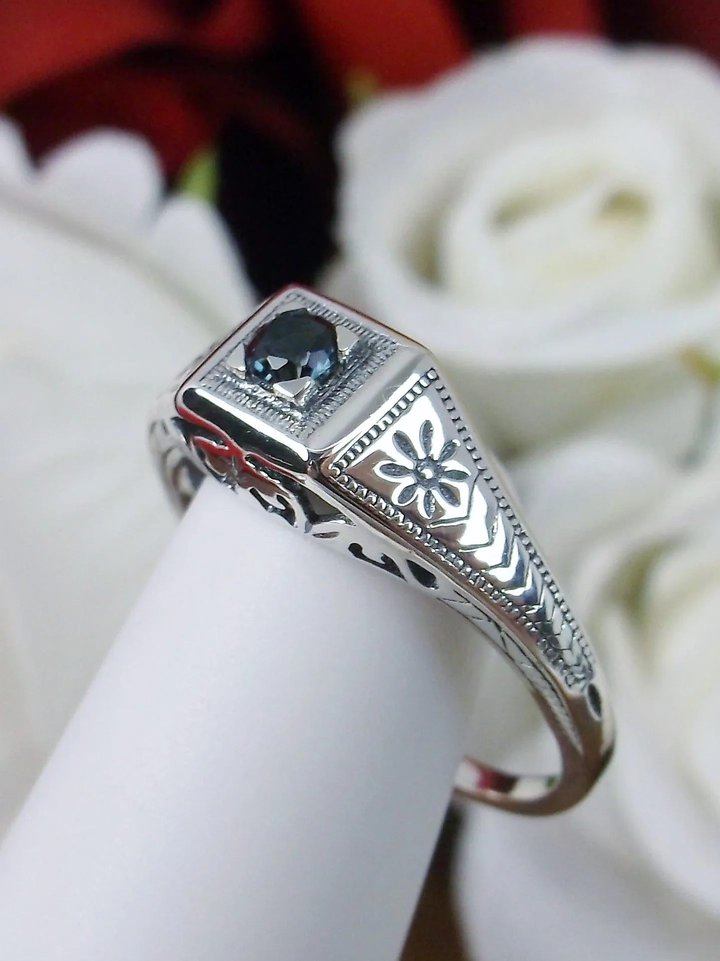 Wedding Ring, Natural London Blue Topaz, Vintage Art Deco Jewelry #D155