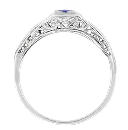 Windsails 1920's Art Deco Square Top Filigree Sapphire Ring in 14K White Gold