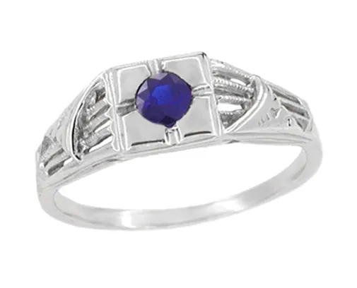 Windsails 1920's Art Deco Square Top Filigree Sapphire Ring in 14K White Gold