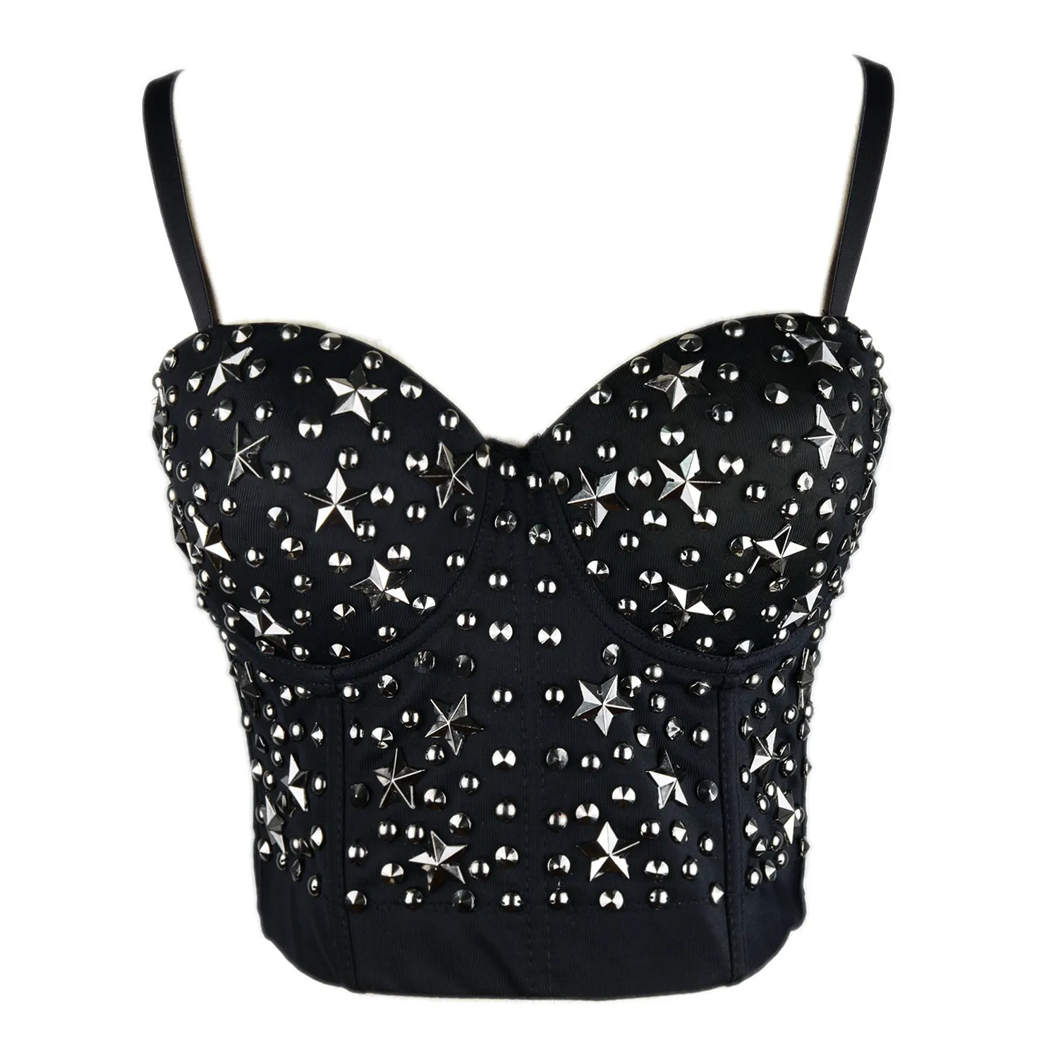 Women Black Metal Star Rustic Smooth Punk Style Bustier Crop Top Corset Bra
