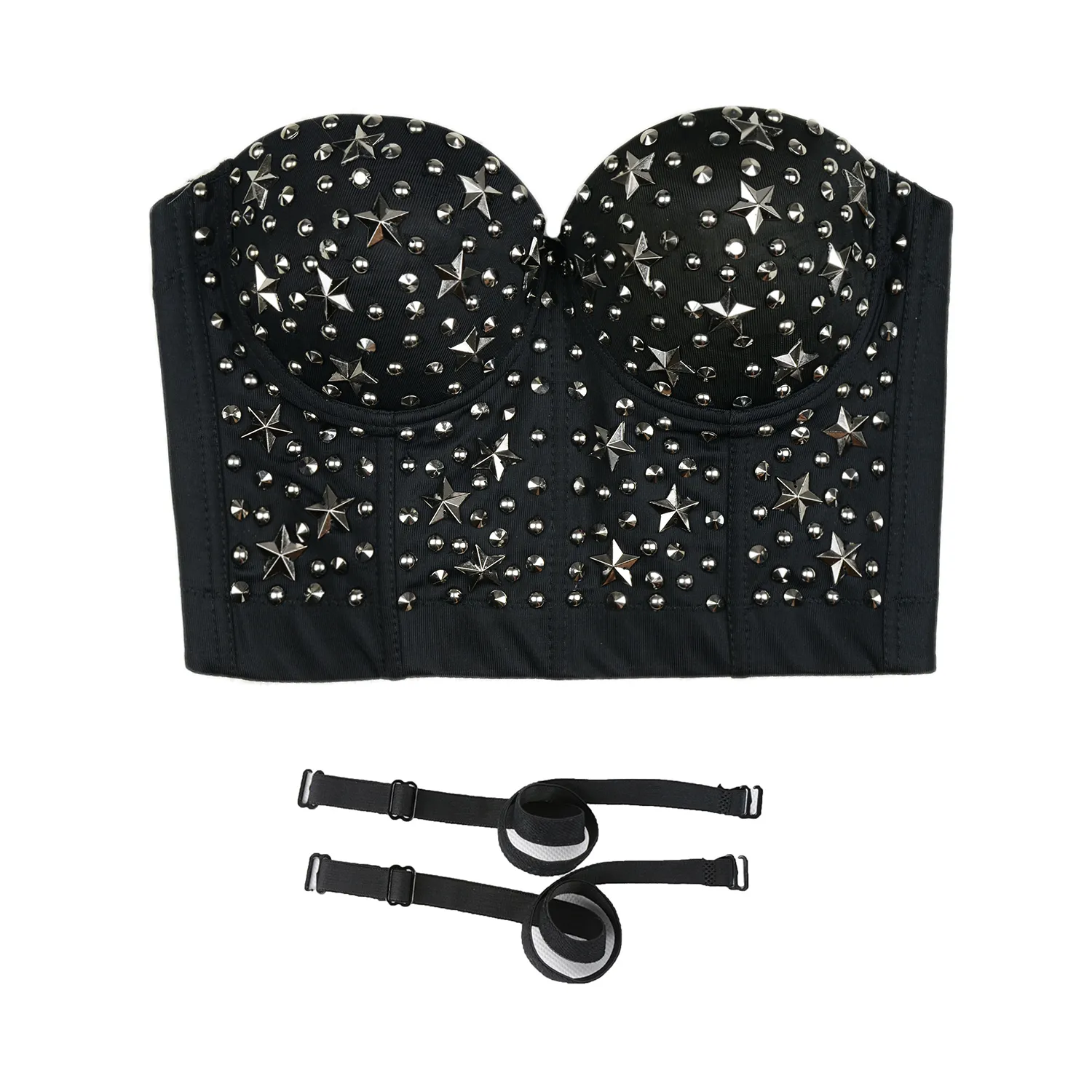 Women Black Metal Star Rustic Smooth Punk Style Bustier Crop Top Corset Bra