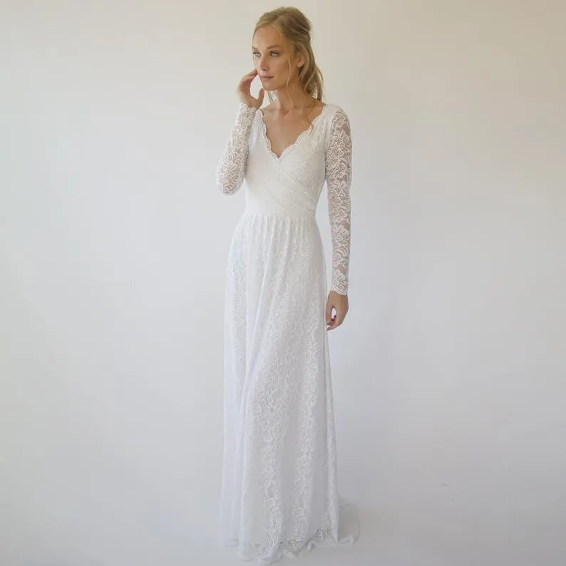 Wrap lace wedding dress  with long sleeves #1287