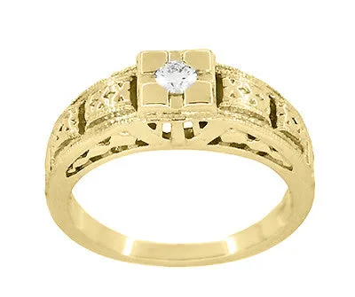 Yellow Gold Art Deco Engraved Tiered Filigree Diamond Engagement Ring - 14K or 18K