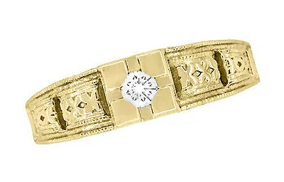 Yellow Gold Art Deco Engraved Tiered Filigree Diamond Engagement Ring - 14K or 18K