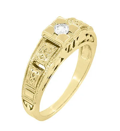 Yellow Gold Art Deco Engraved Tiered Filigree Diamond Engagement Ring - 14K or 18K