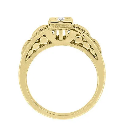 Yellow Gold Art Deco Engraved Tiered Filigree Diamond Engagement Ring - 14K or 18K