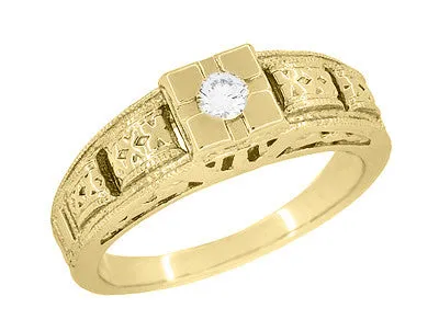 Yellow Gold Art Deco Engraved Tiered Filigree Diamond Engagement Ring - 14K or 18K