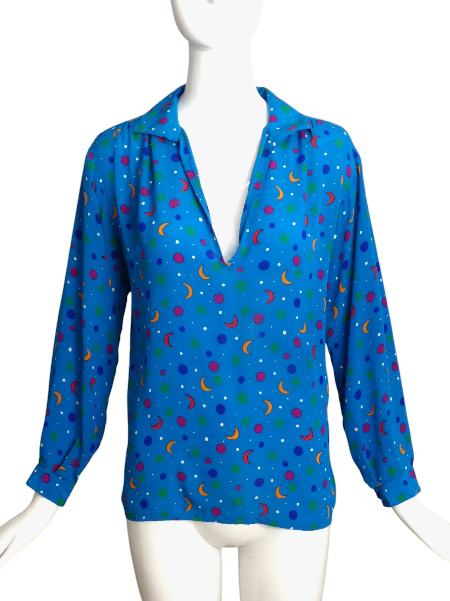 YVES SAINT LAURENT- 1980s Silk Print Blouse, Size-8