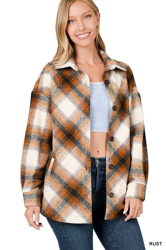 ZENANA Yarn Dyed Plaid Shacket With Pockets
