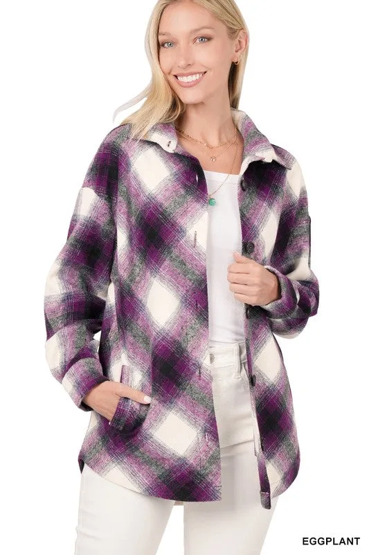 ZENANA Yarn Dyed Plaid Shacket With Pockets