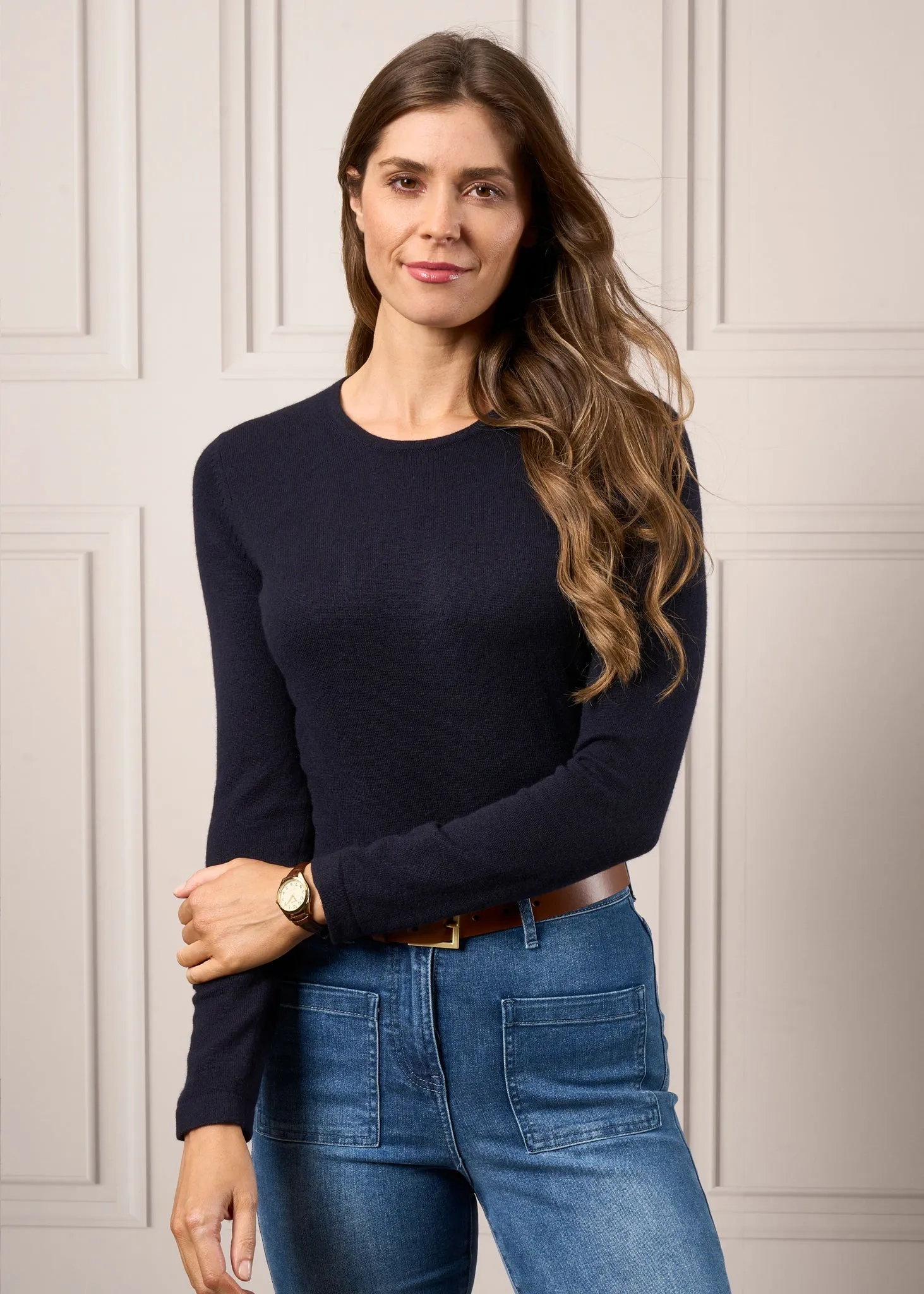 Zoe Ladies Cashmere Inset Sleeve Crew Neck Jumper In Dark Navy